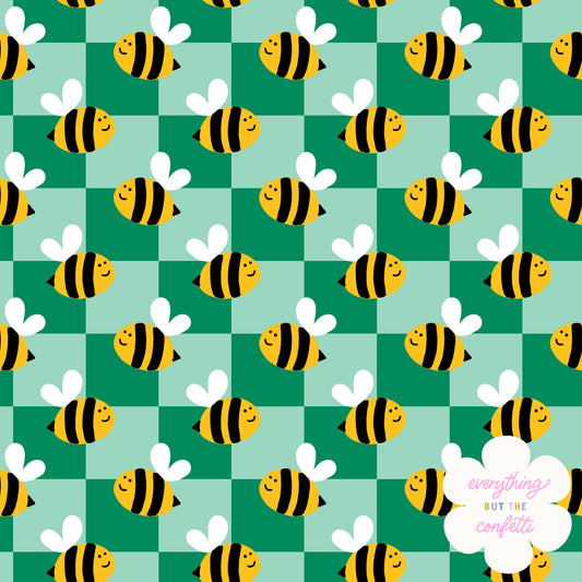 "Checkered Bees" (Green) Seamless Digital Pattern