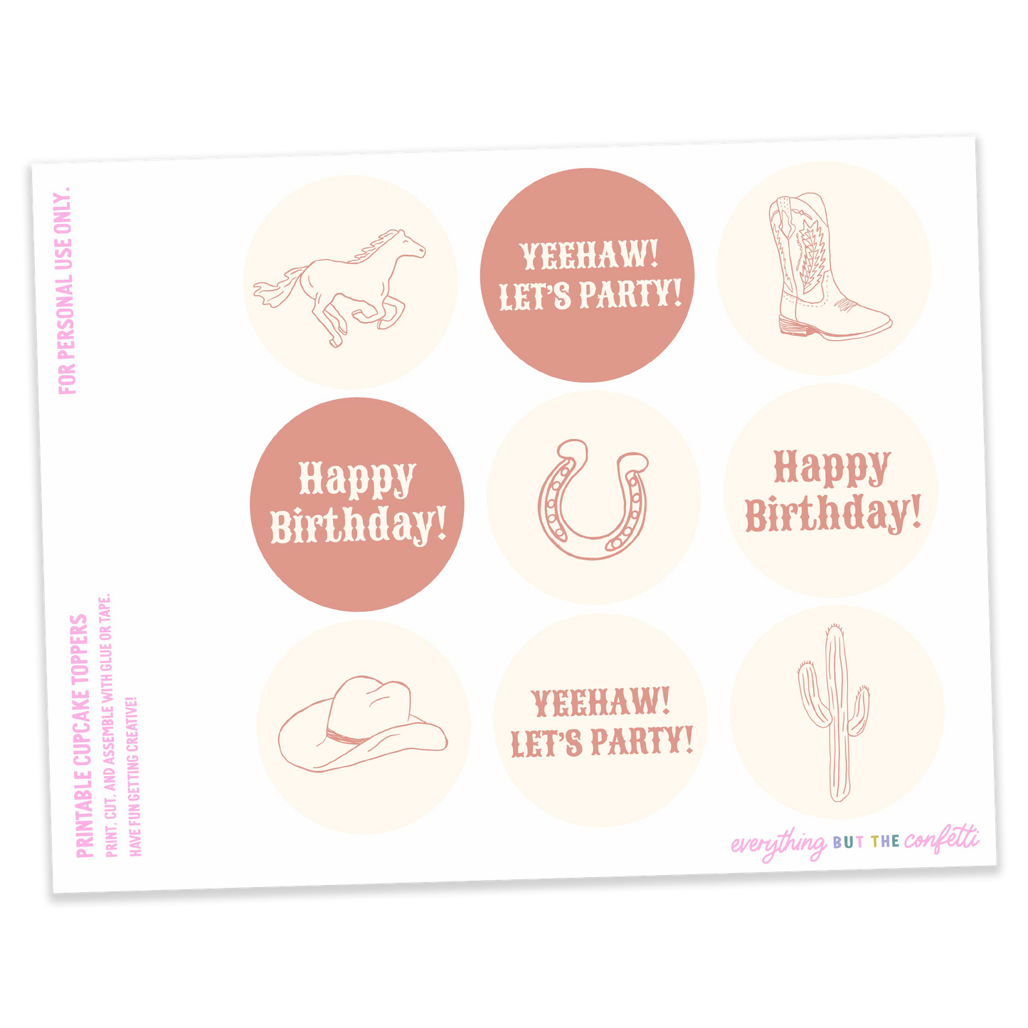 Wild West (Pink) Printable Cupcake Toppers