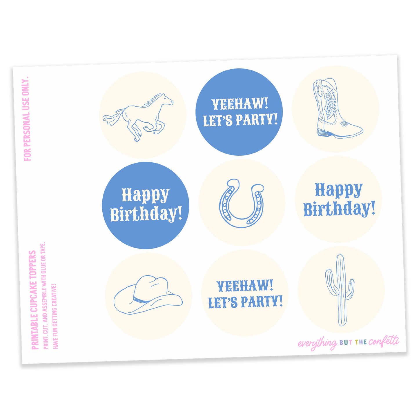 Wild West (Blue) Printable Cupcake Toppers