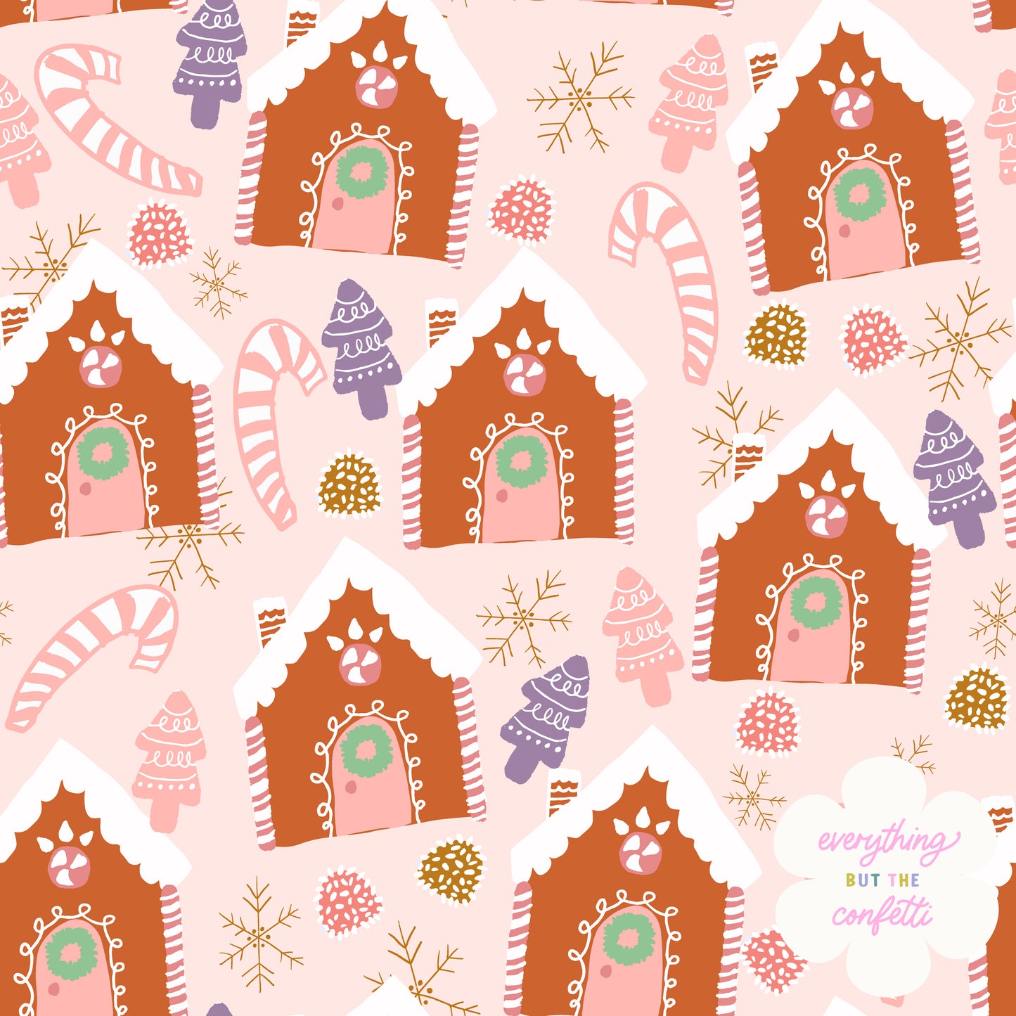 "Gingerbread Houses" (Pastel Pink) Seamless Digital Pattern