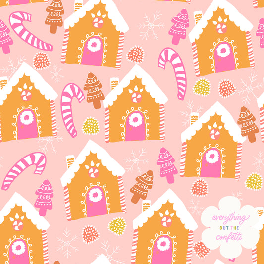 "Gingerbread Houses" (Pink) Seamless Digital Pattern